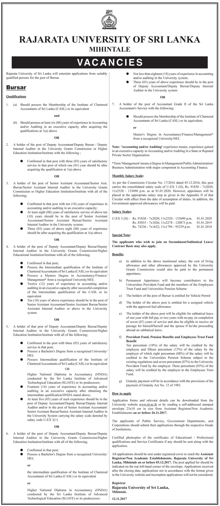 Bursar - Rajarata University - Mihintale